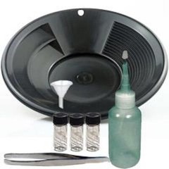 Sluice Monkey 10&Prime; Black Pan, 4 oz Sniffer Bottle, 3 Glass Vials, Funnel, Tweezer